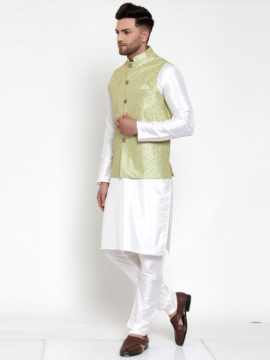 Jompers Men Solid Dupion Kurta Pajama with Embroidered Nehru Jacket (Green) | Swadesiicart