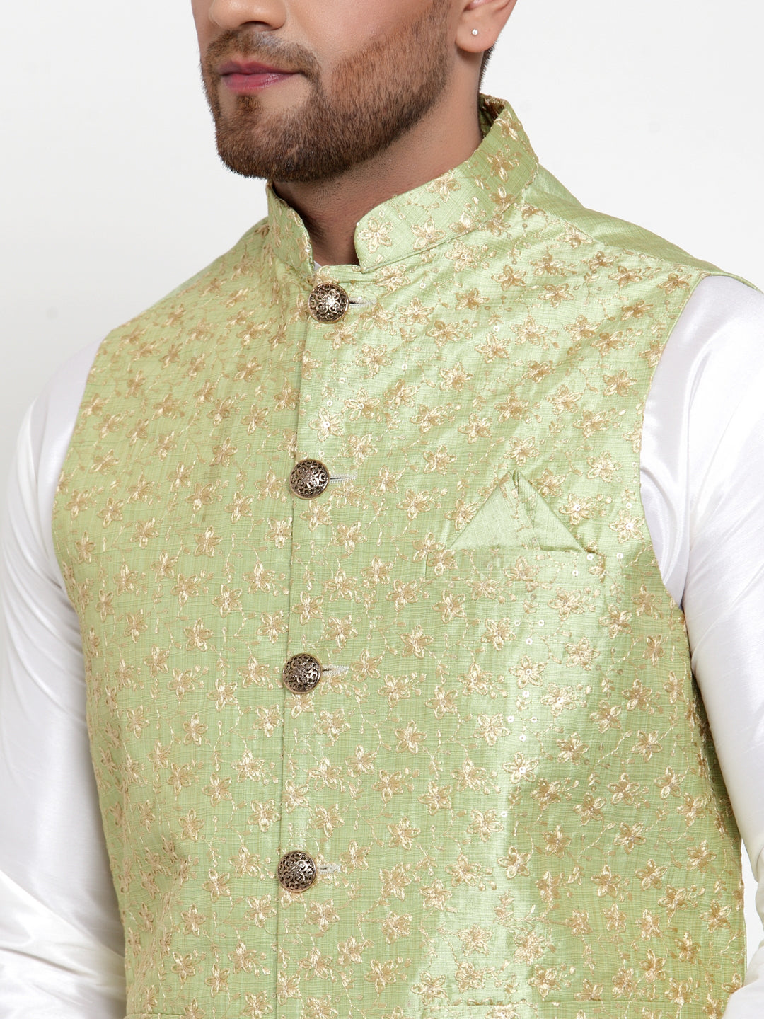Jompers Men Solid Dupion Kurta Pajama with Embroidered Nehru Jacket (Green) | Swadesiicart
