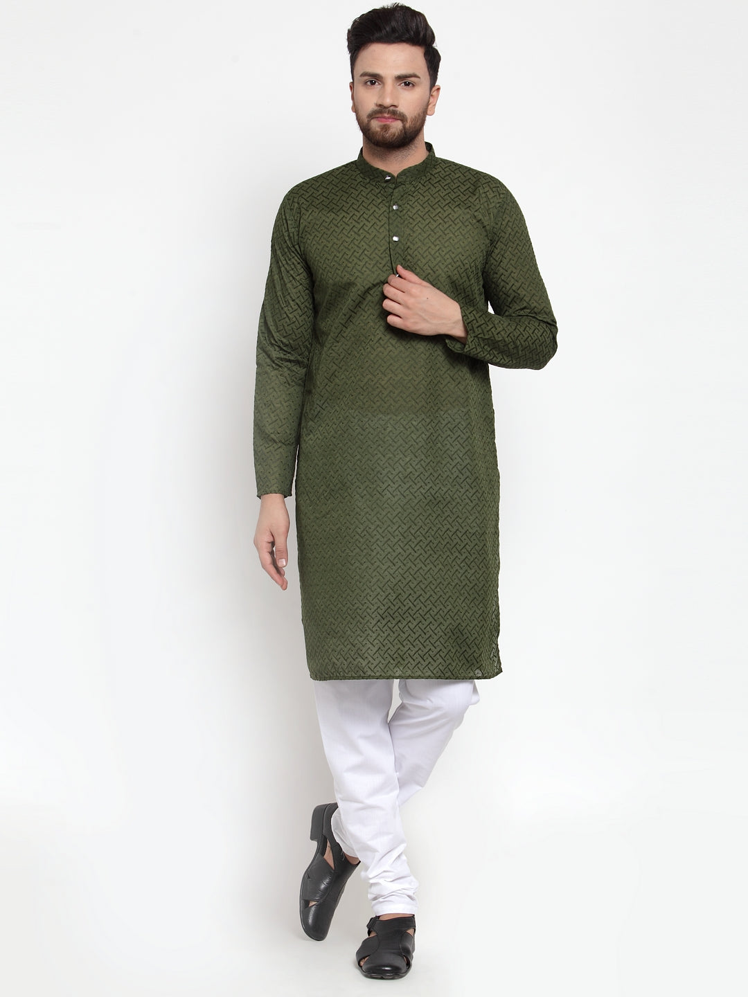 Jompers Men Olive Green Chikan Kurta with Churidar | Swadesiicart