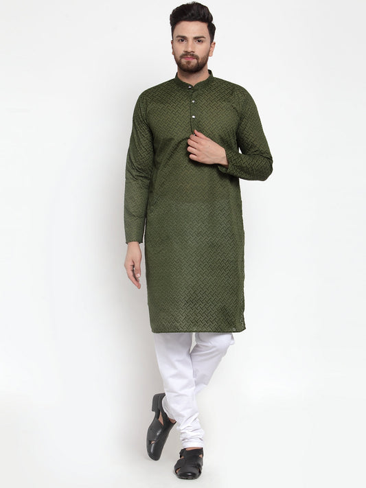 Jompers Men Olive Green Chikan Kurta with Churidar | Swadesiicart