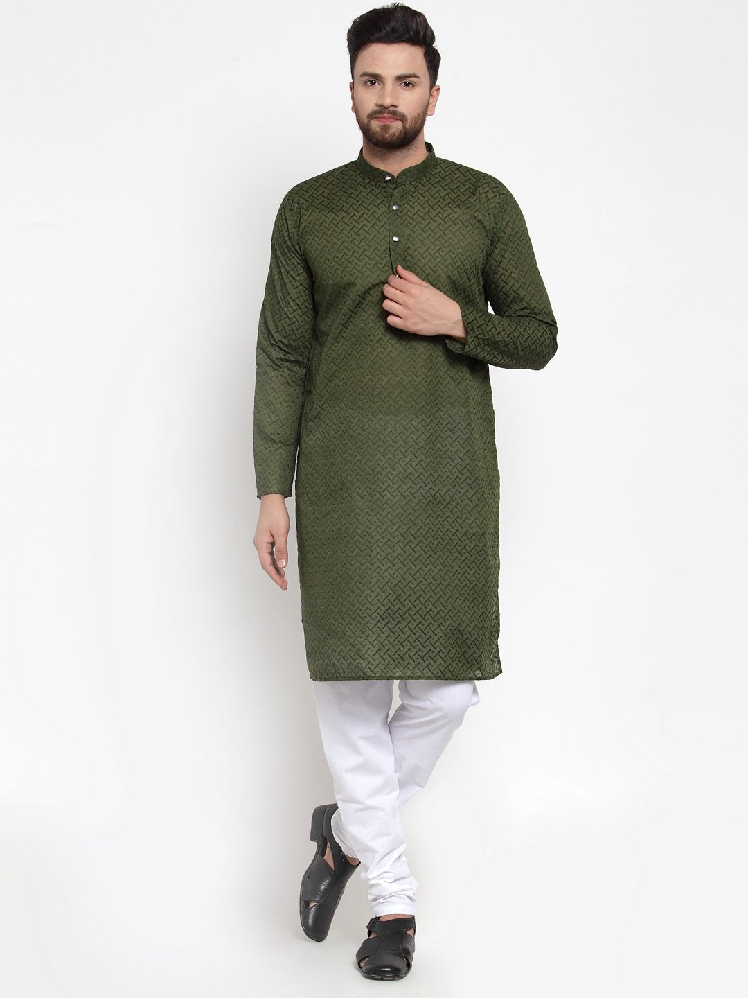 Jompers Men Olive Green Chikan Kurta Only | Swadesiicart