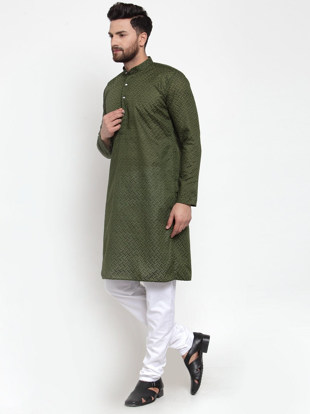 Jompers Men Olive Green Chikan Kurta Only | Swadesiicart