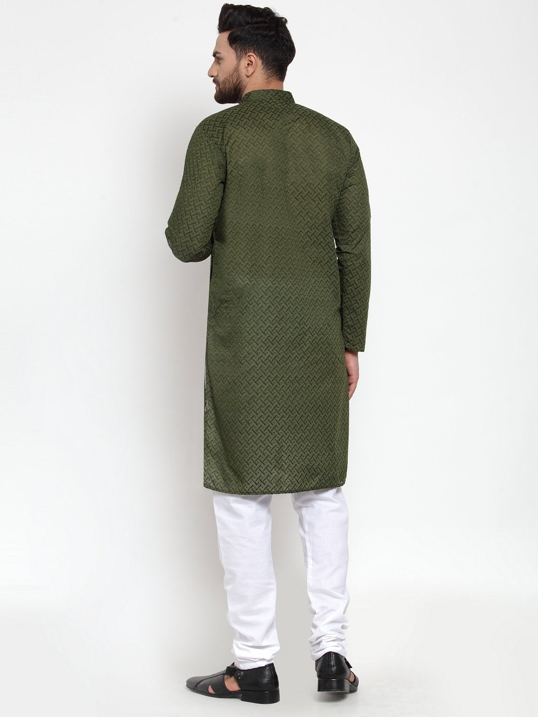 Jompers Men Olive Green Chikan Kurta Only | Swadesiicart