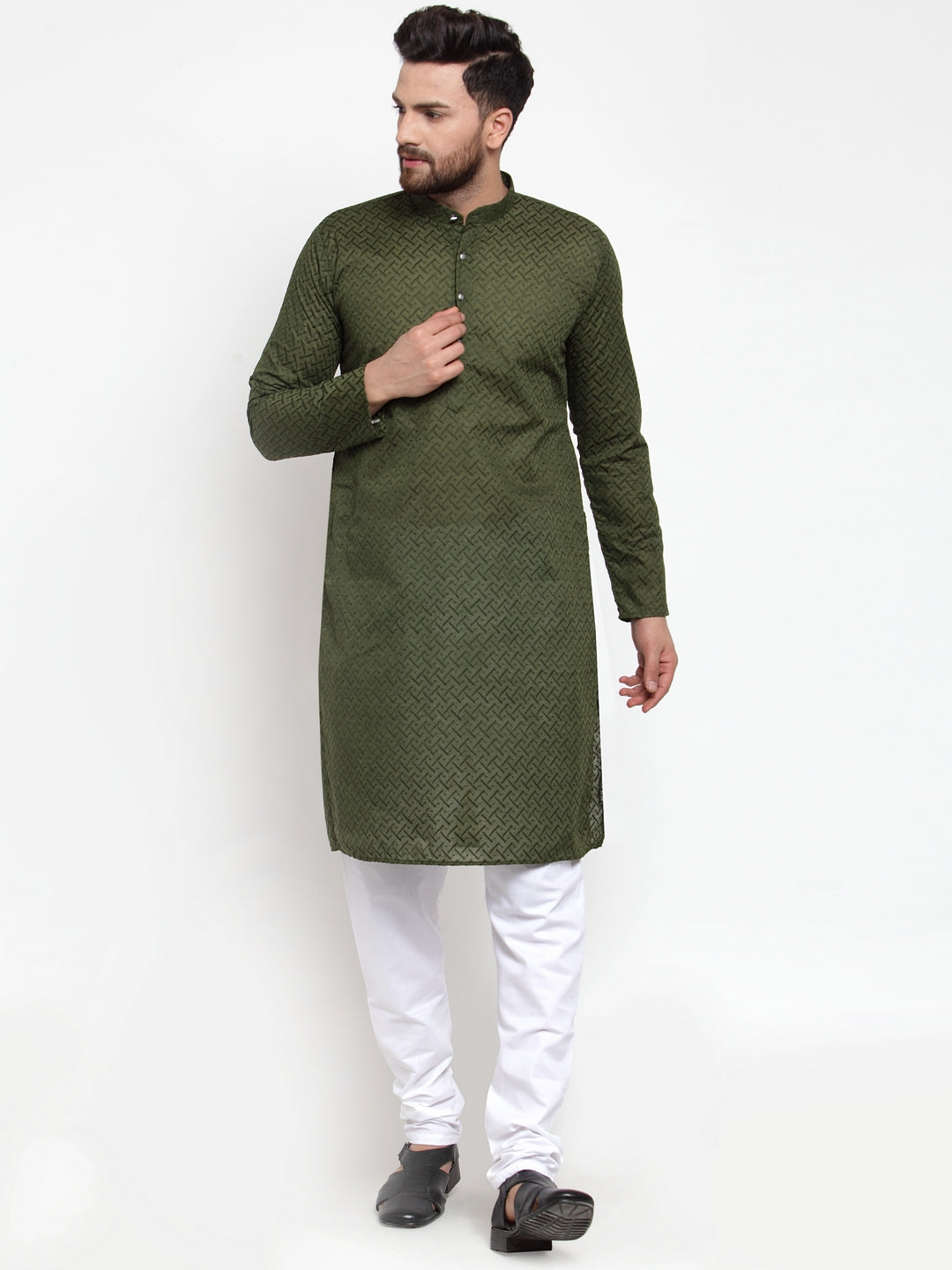 Jompers Men Olive Green Chikan Kurta with Churidar | Swadesiicart