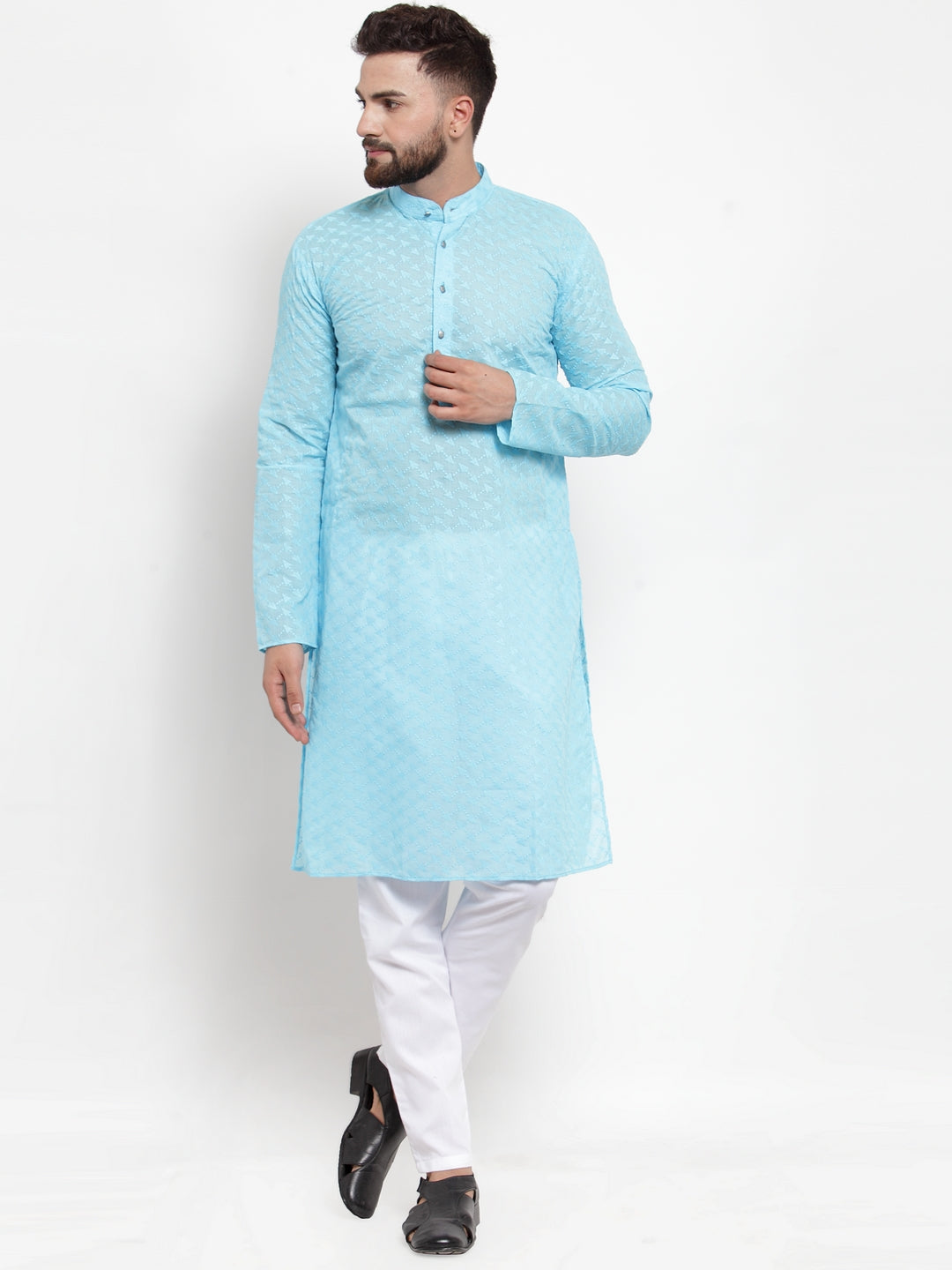 Jompers Men Sky Blue Chikan Kurta with Churidar | Swadesiicart
