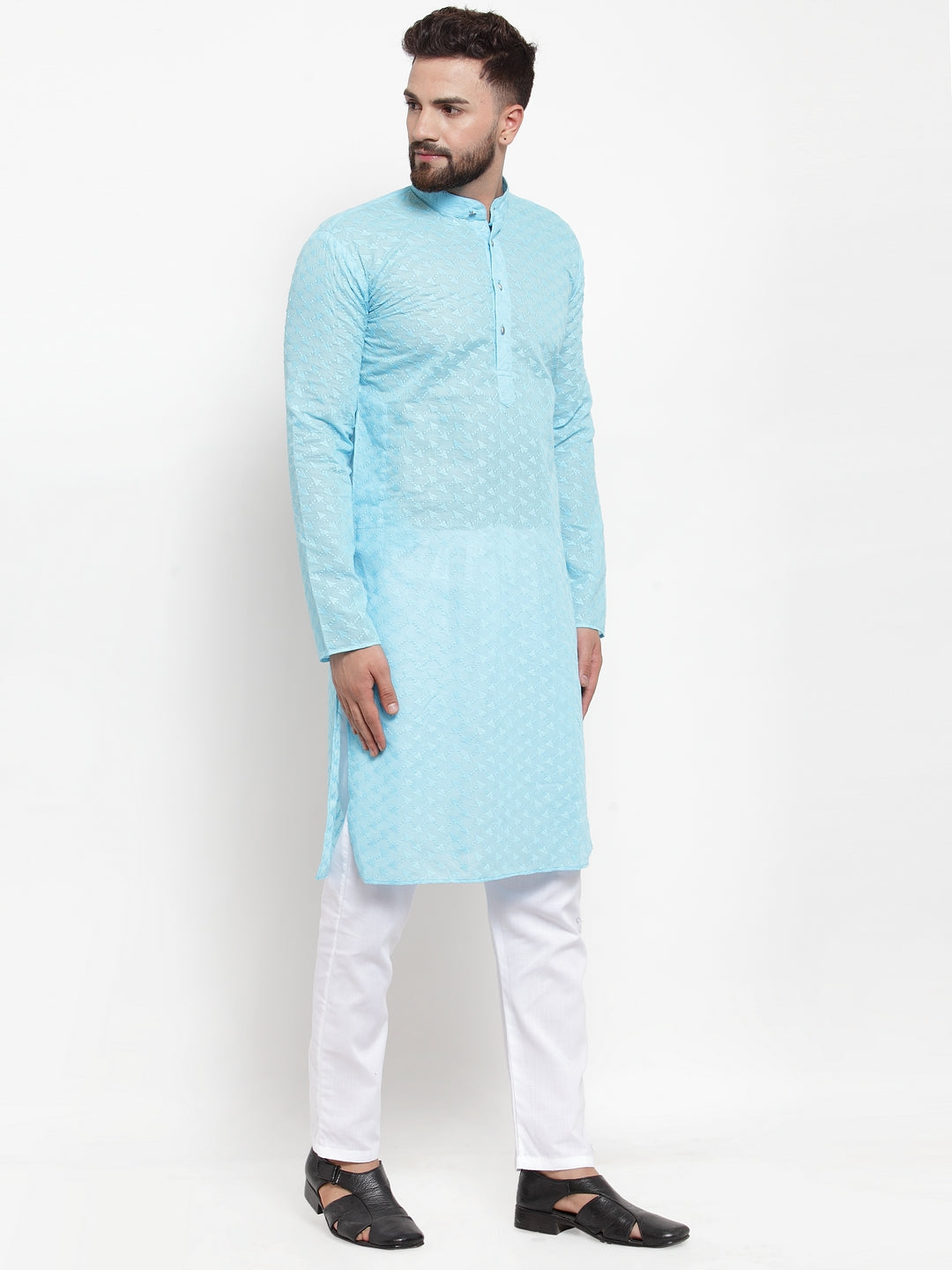 Jompers Men Sky Blue Chikan Kurta with Churidar | Swadesiicart