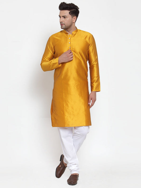 Jompers Men's Yellow Jacquard Kurta Only | Swadesiicart