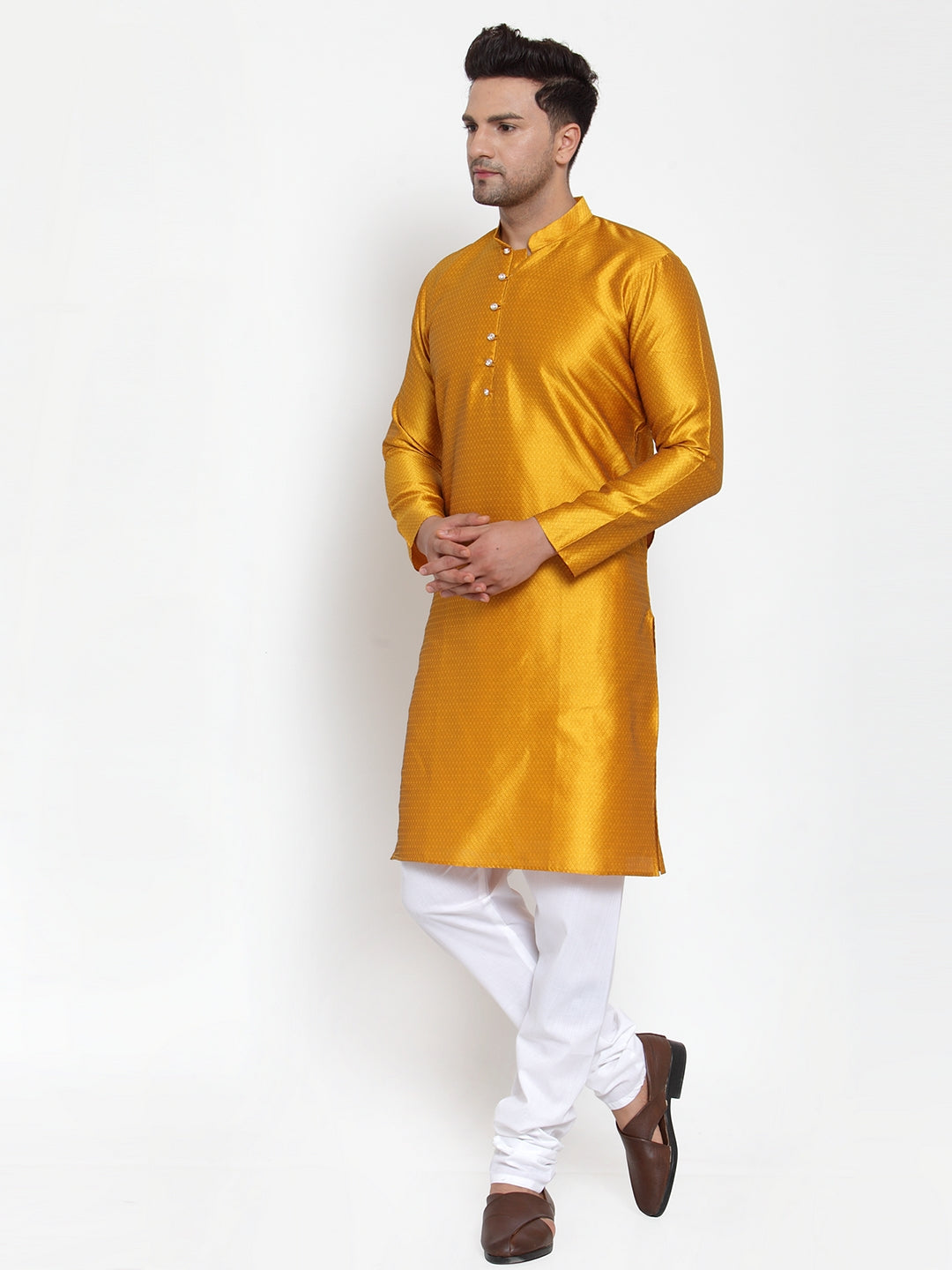 Jompers Men's Yellow Jacquard Kurta Only | Swadesiicart