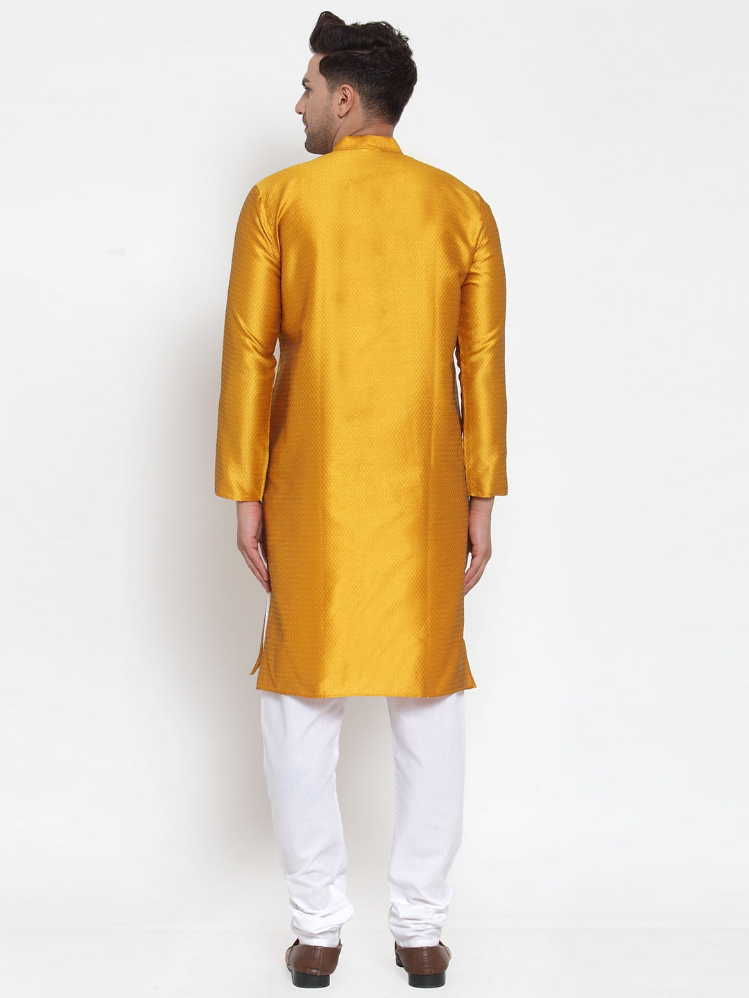 Jompers Men's Yellow Jacquard Kurta Payjama Sets | Swadesiicart