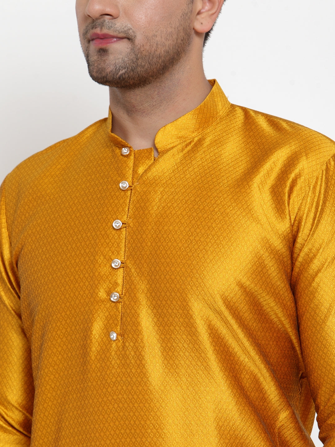 Jompers Men's Yellow Jacquard Kurta Only | Swadesiicart