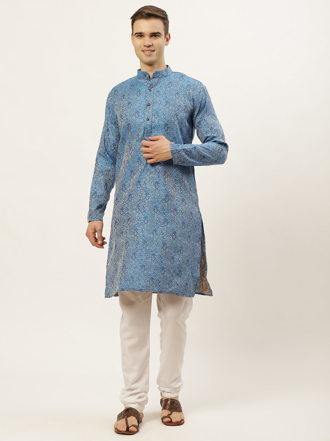 Jompers Men's Blue Printed Jacquard Kurta Payjama Sets | Swadesiicart