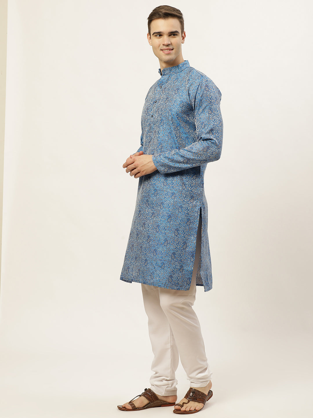 Jompers Men's Blue Printed Jacquard Kurta Payjama Sets | Swadesiicart