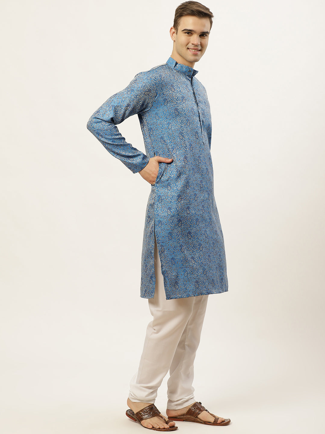 Jompers Men's Blue Printed Jacquard Kurta Payjama Sets | Swadesiicart