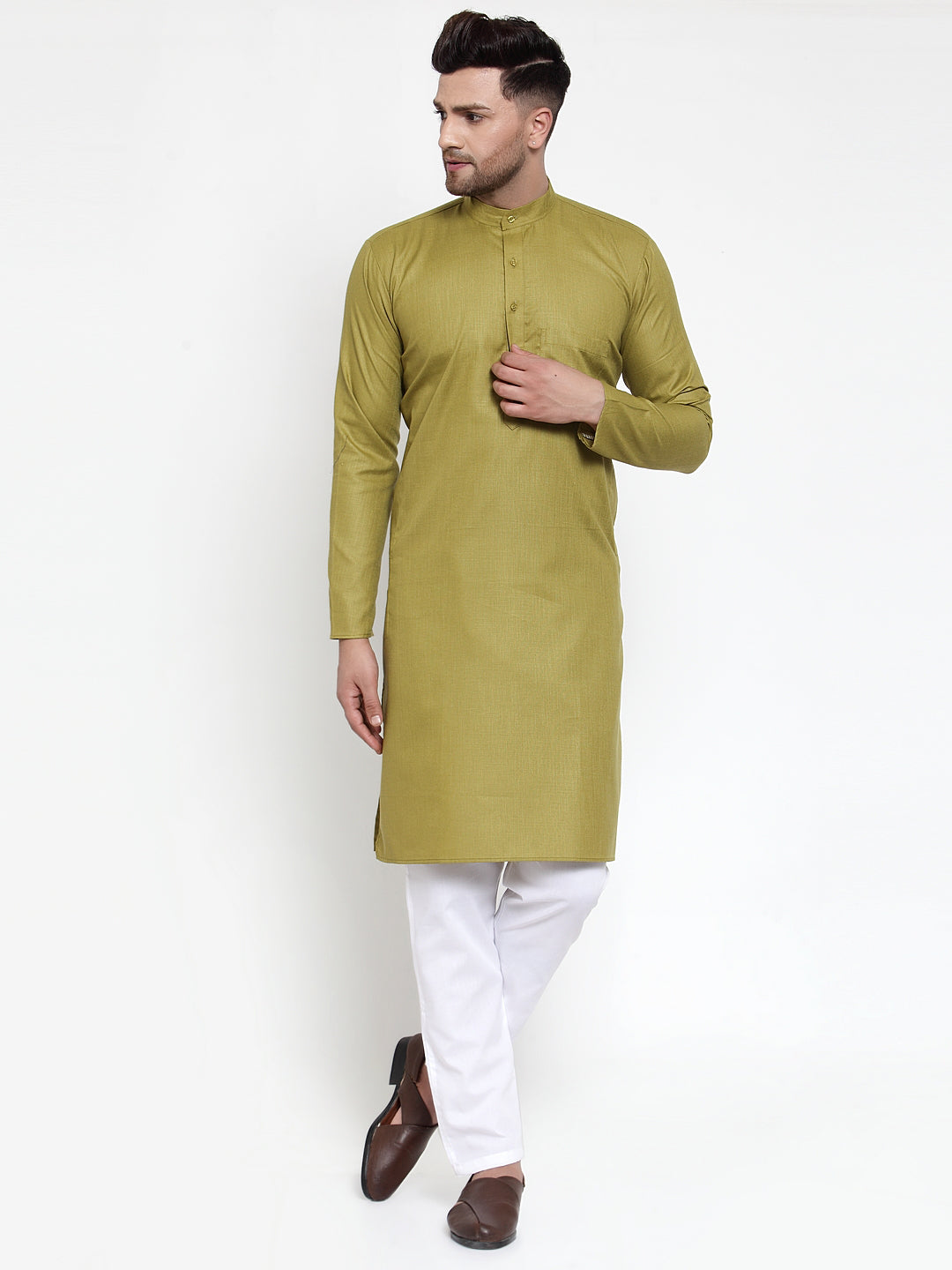 Jompers Men Olive Green & White Solid Kurta with Churidar | Swadesiicart