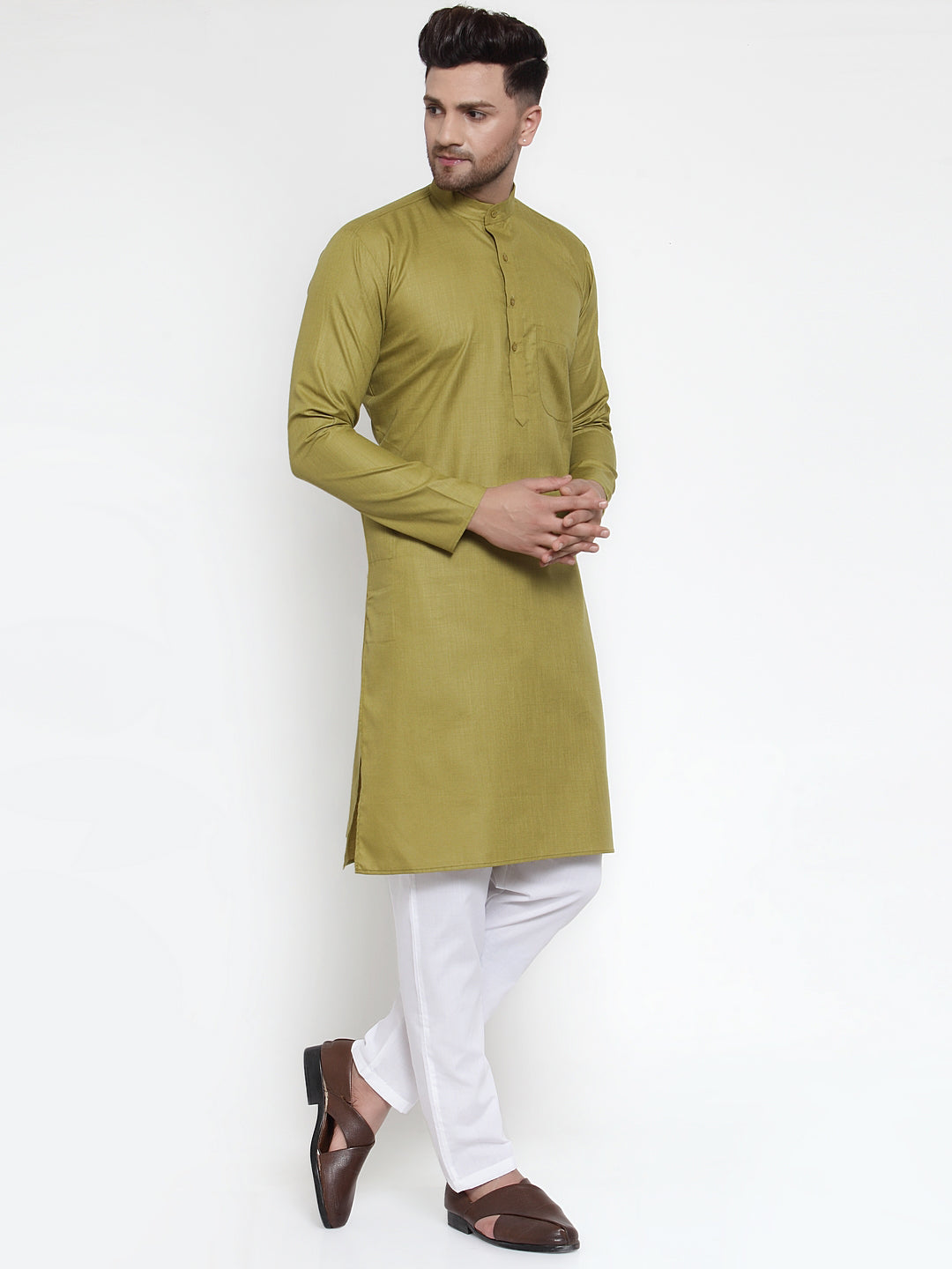 Jompers Men Olive Green & White Solid Kurta with Churidar | Swadesiicart