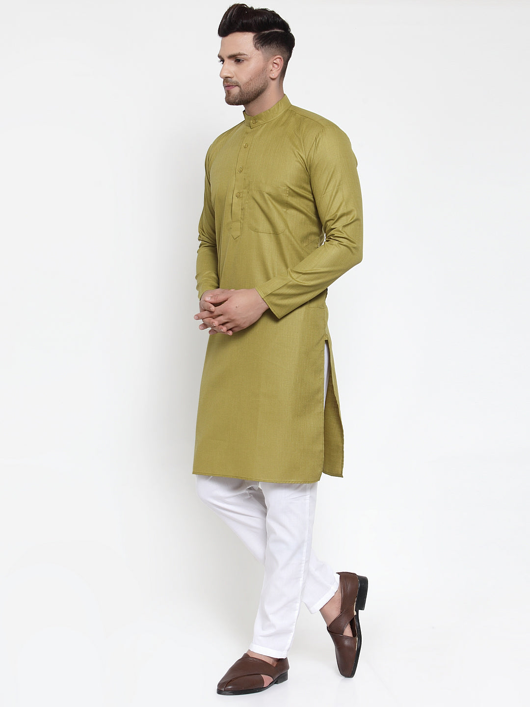 Jompers Men Olive Green & White Solid Kurta with Churidar | Swadesiicart