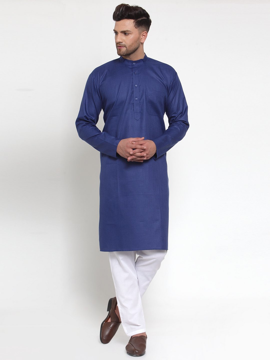 Jompers Men Royal-Blue & White Solid Kurta Only | Swadesiicart