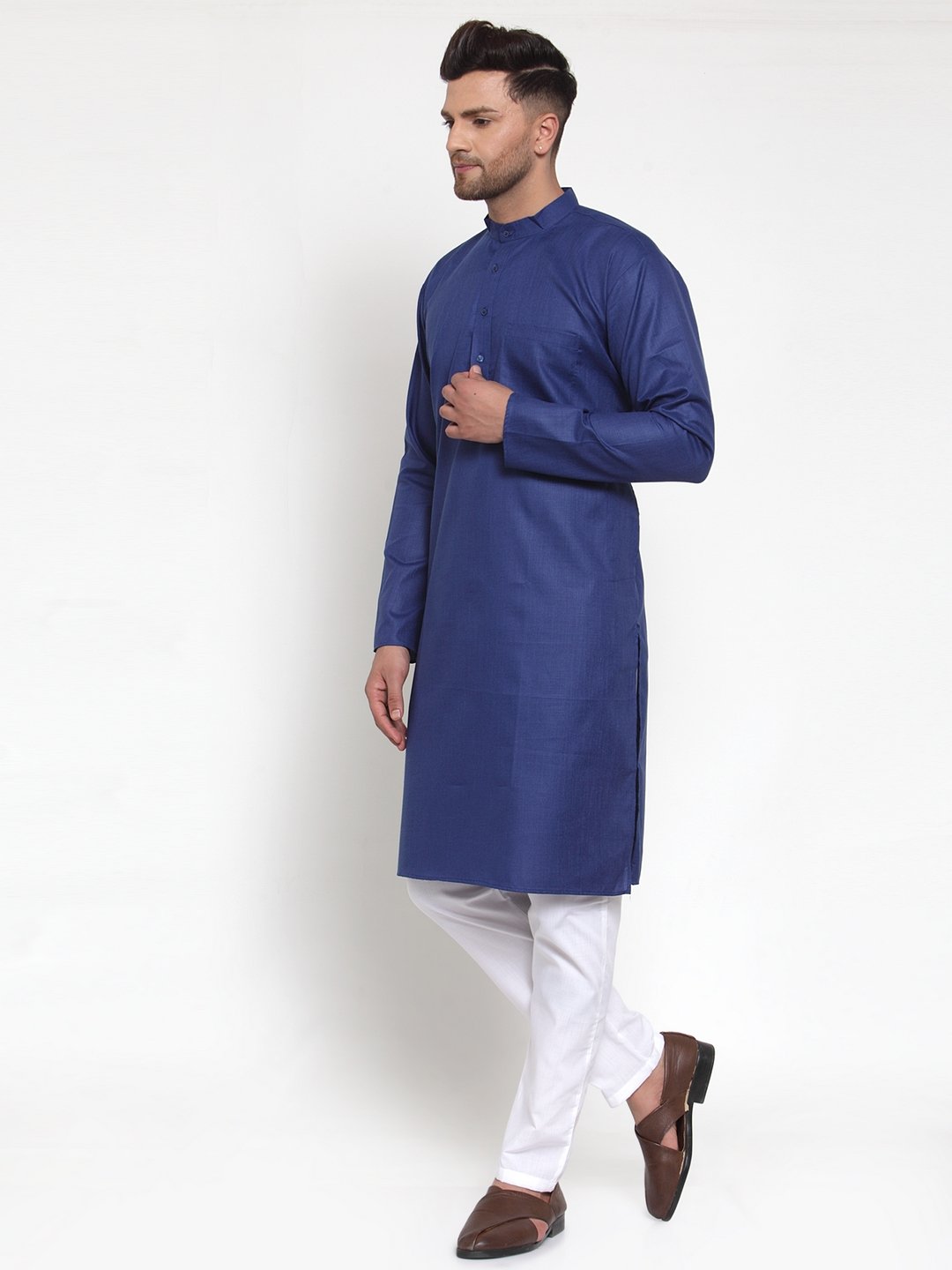 Jompers Men Royal-Blue & White Solid Kurta Only | Swadesiicart