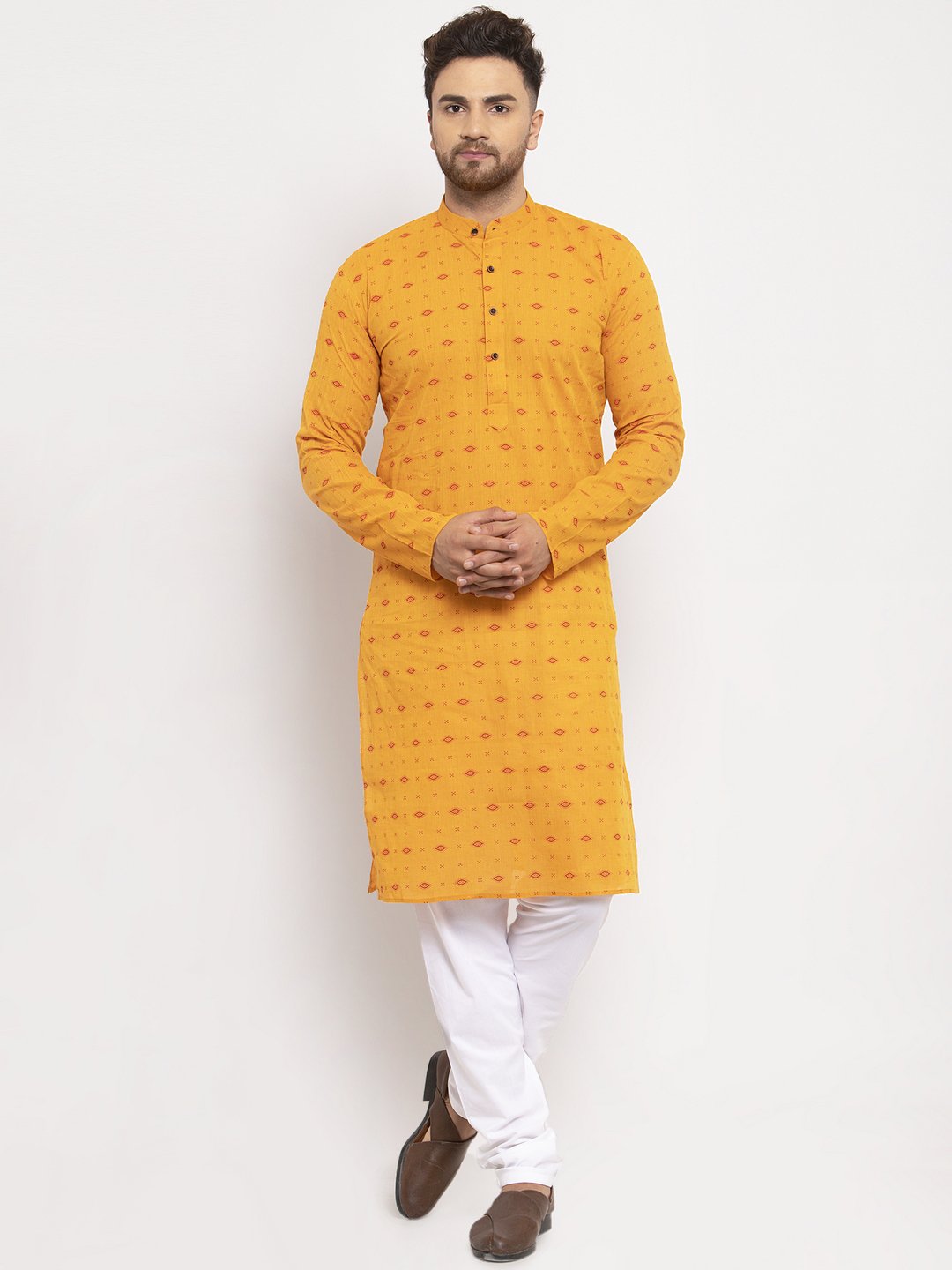 Jompers Men Yellow & White Cotton Printed Kurta Only | Swadesiicart