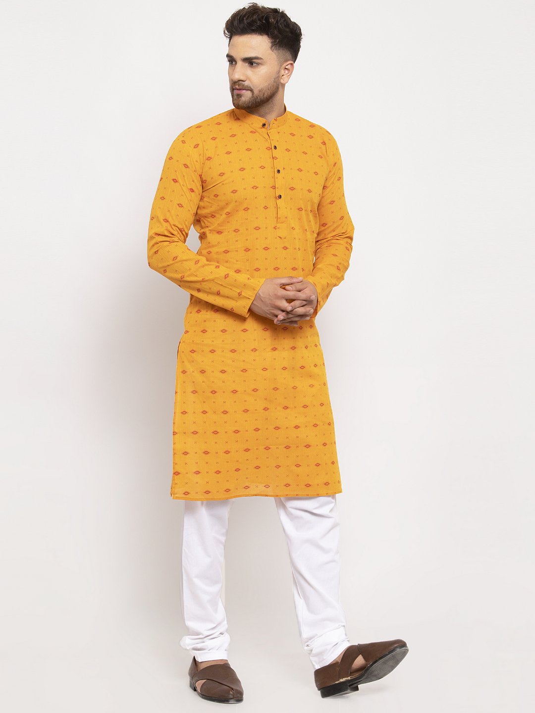 Jompers Men Yellow & White Cotton Printed Kurta Only | Swadesiicart