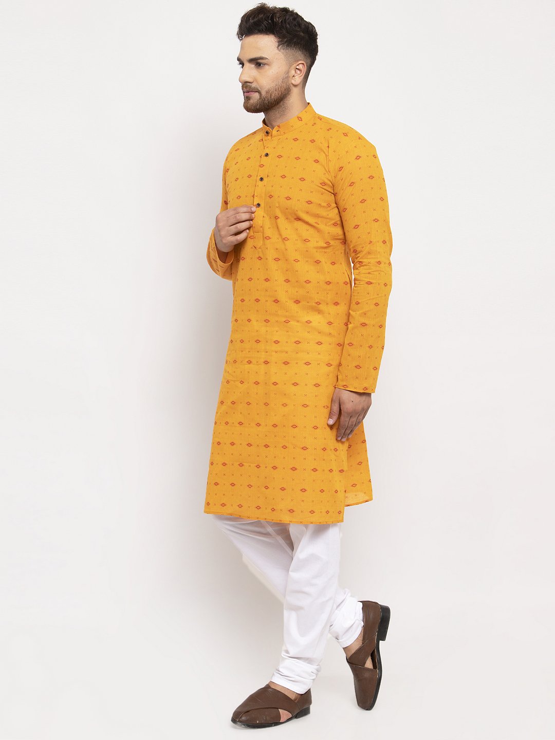 Jompers Men Yellow & White Cotton Printed Kurta Only | Swadesiicart