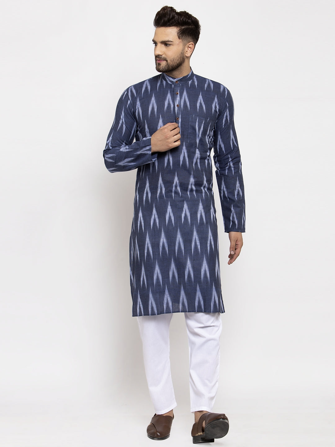 Jompers Men Blue Woven Design Ikkat Straight Kurta with Churidar | Swadesiicart
