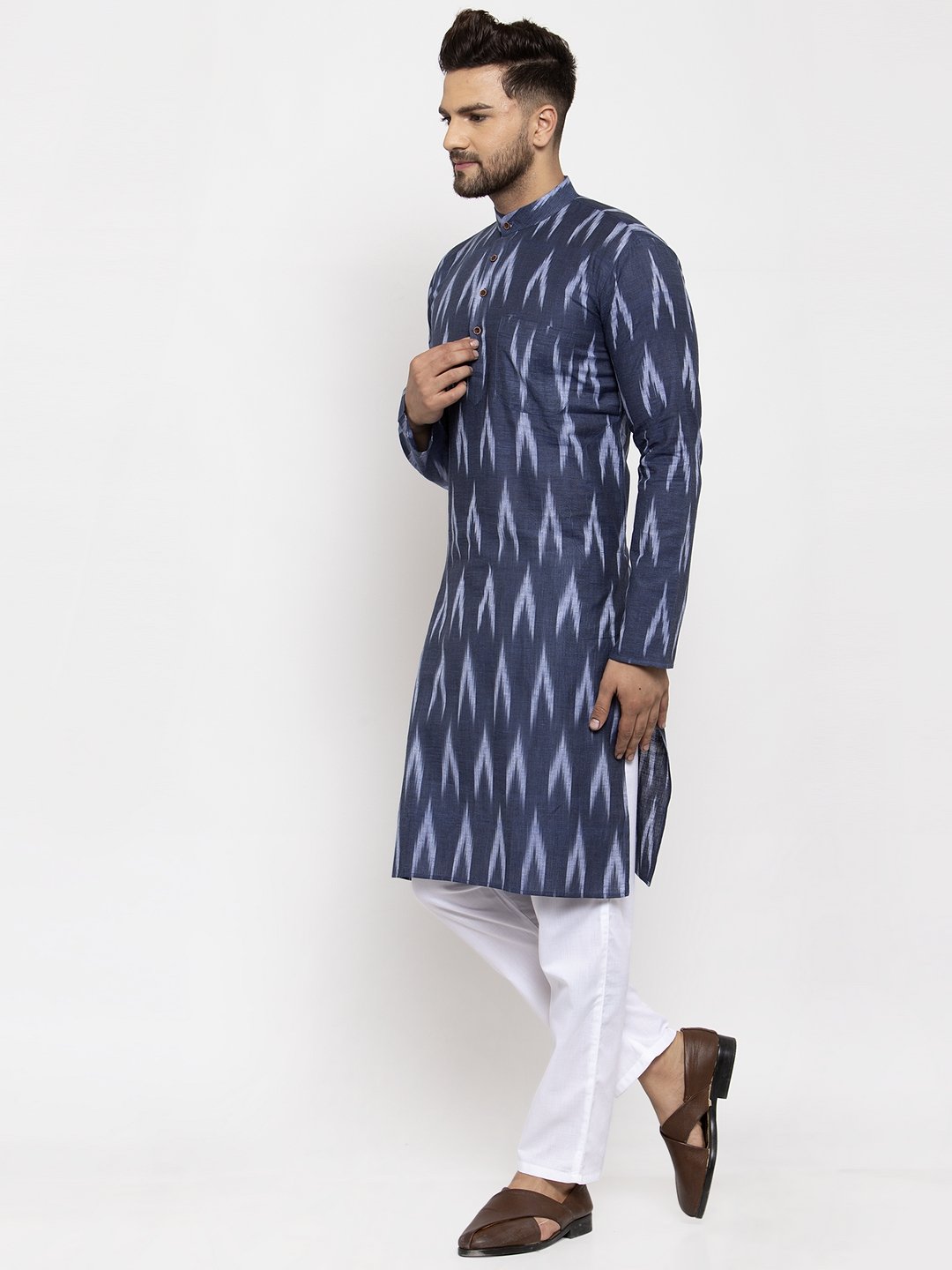 Jompers Men Blue Woven Design Ikkat Straight Kurta Only | Swadesiicart