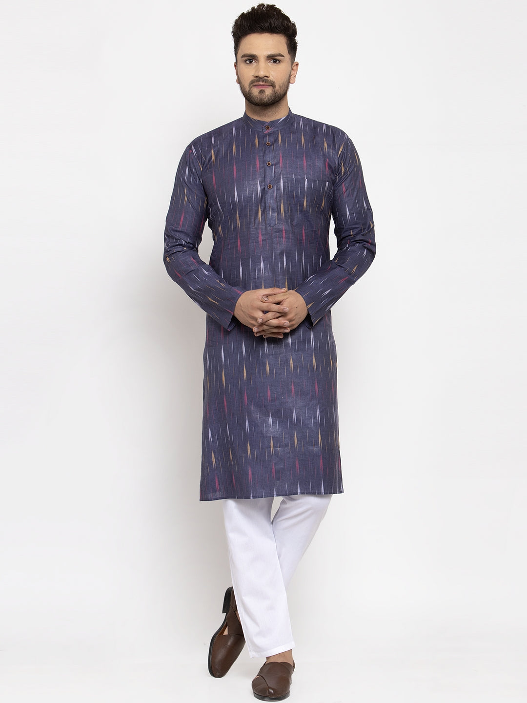 Jompers Men Navy Blue Woven Design Ikkat Straight Kurta with Churidar | Swadesiicart