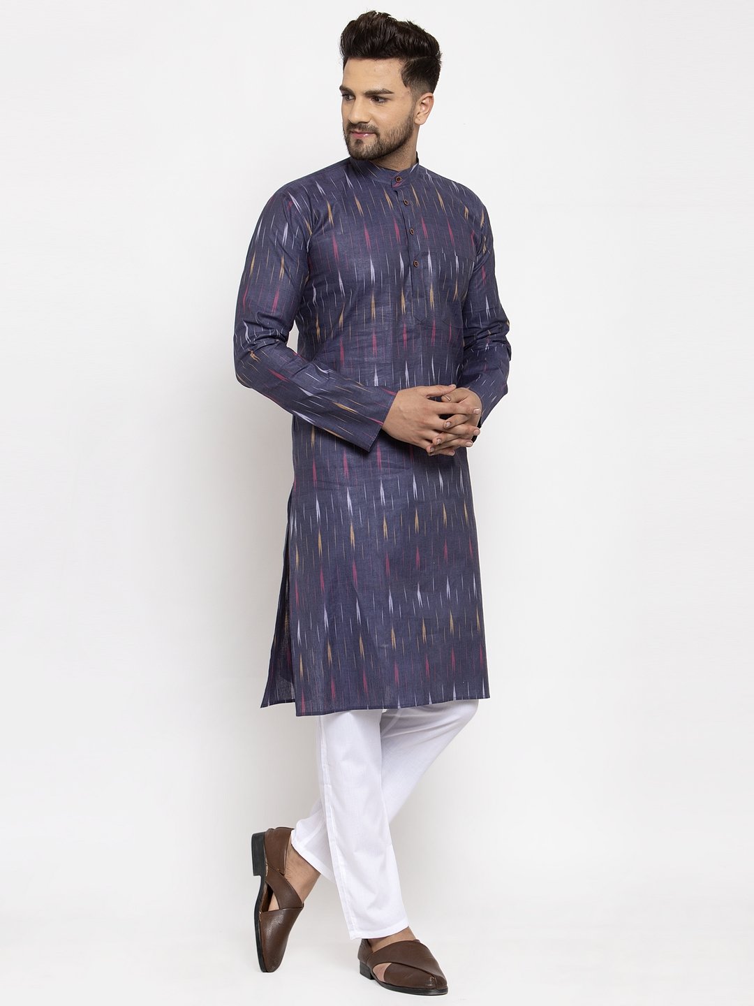 Jompers Men Navy Blue Woven Design Ikkat Straight Kurta Only | Swadesiicart