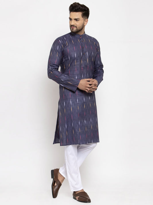 Jompers Men Navy Blue Woven Design Ikkat Straight Kurta Only | Swadesiicart