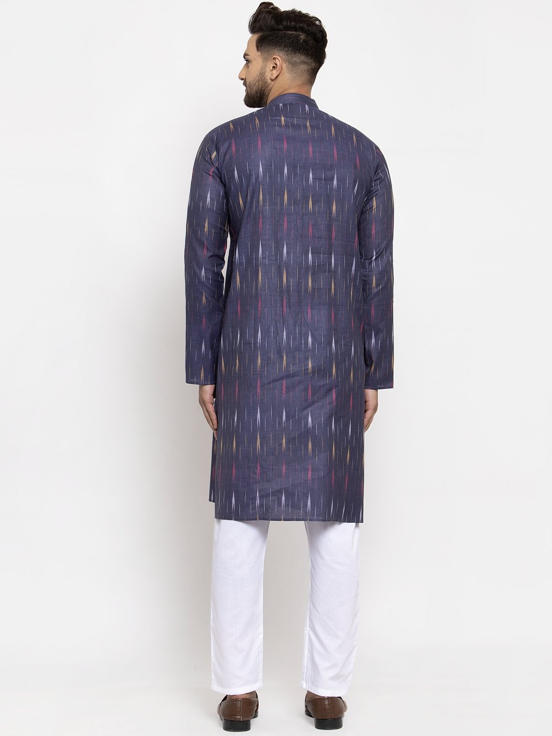 Jompers Men Navy Blue Woven Design Ikkat Straight Kurta Only | Swadesiicart