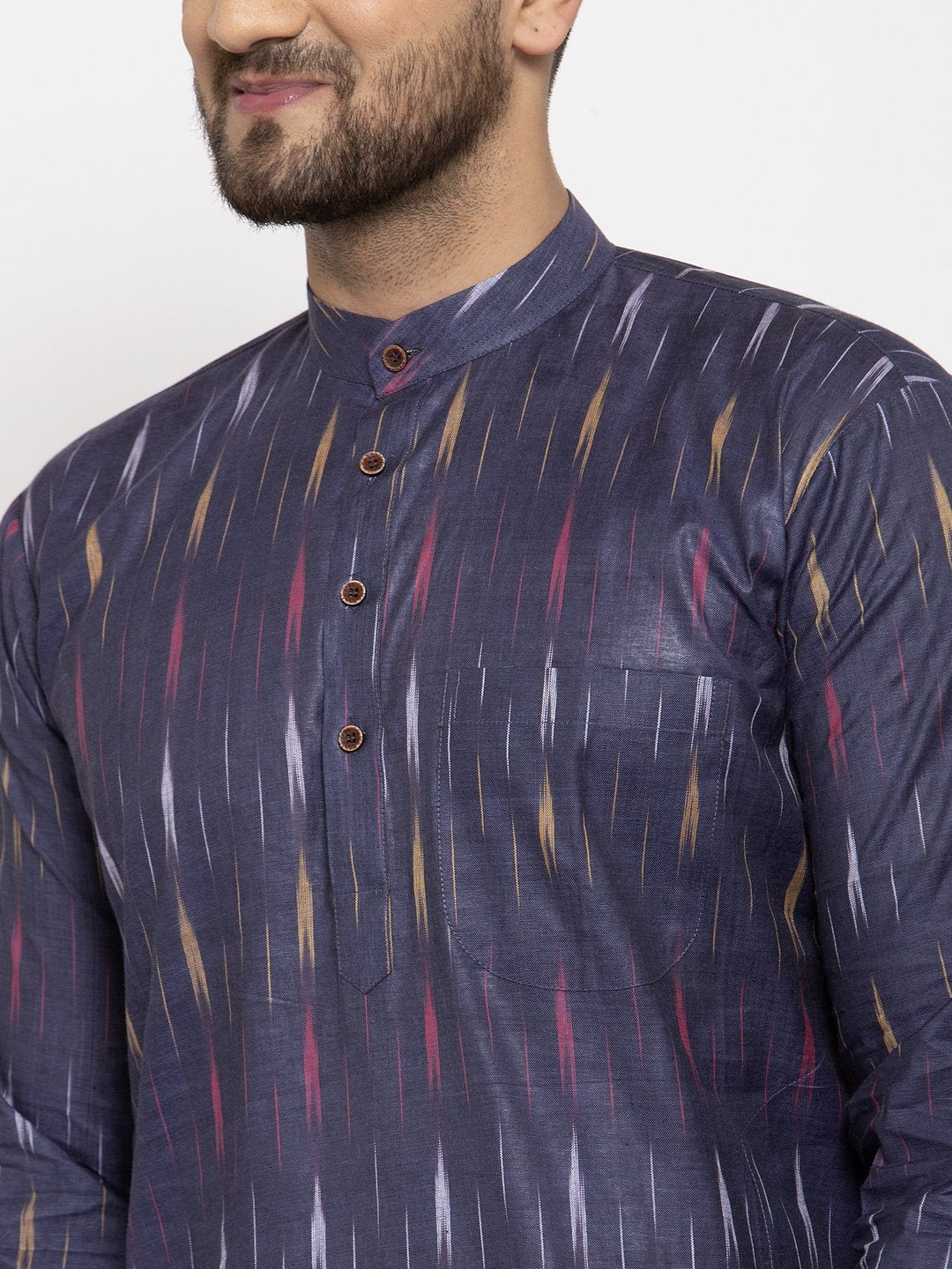 Jompers Men Navy Blue Woven Design Ikkat Straight Kurta Only | Swadesiicart