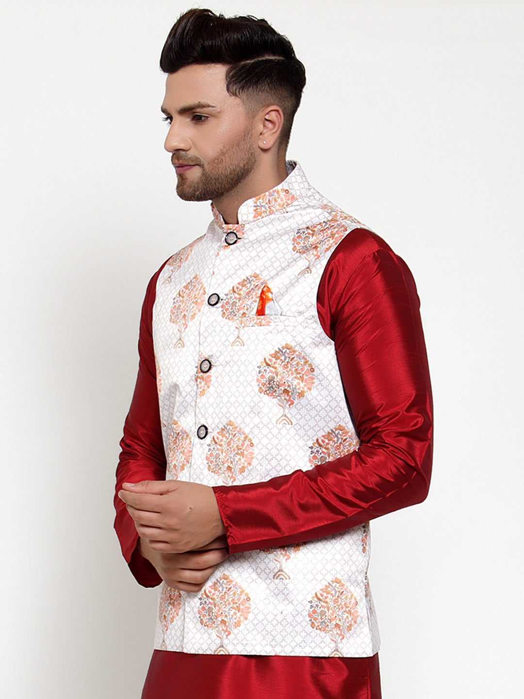 Jompers Men's White Printed Nehru Jacket | Swadesiicart