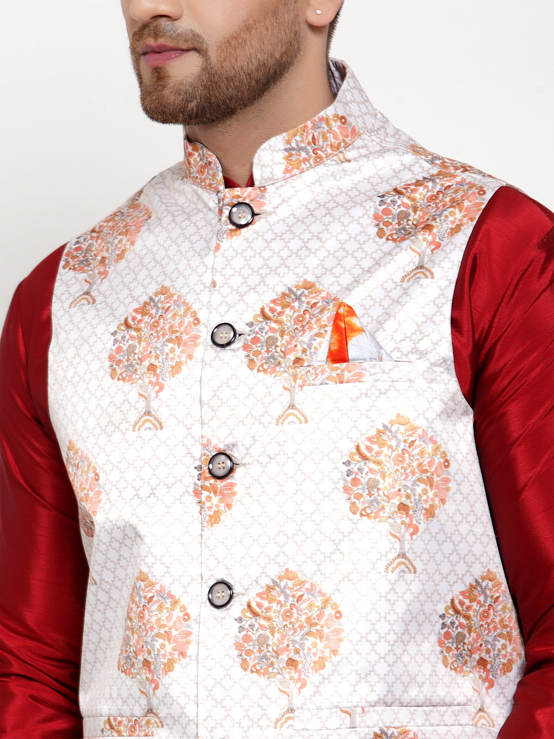 Jompers Men's White Printed Nehru Jacket | Swadesiicart