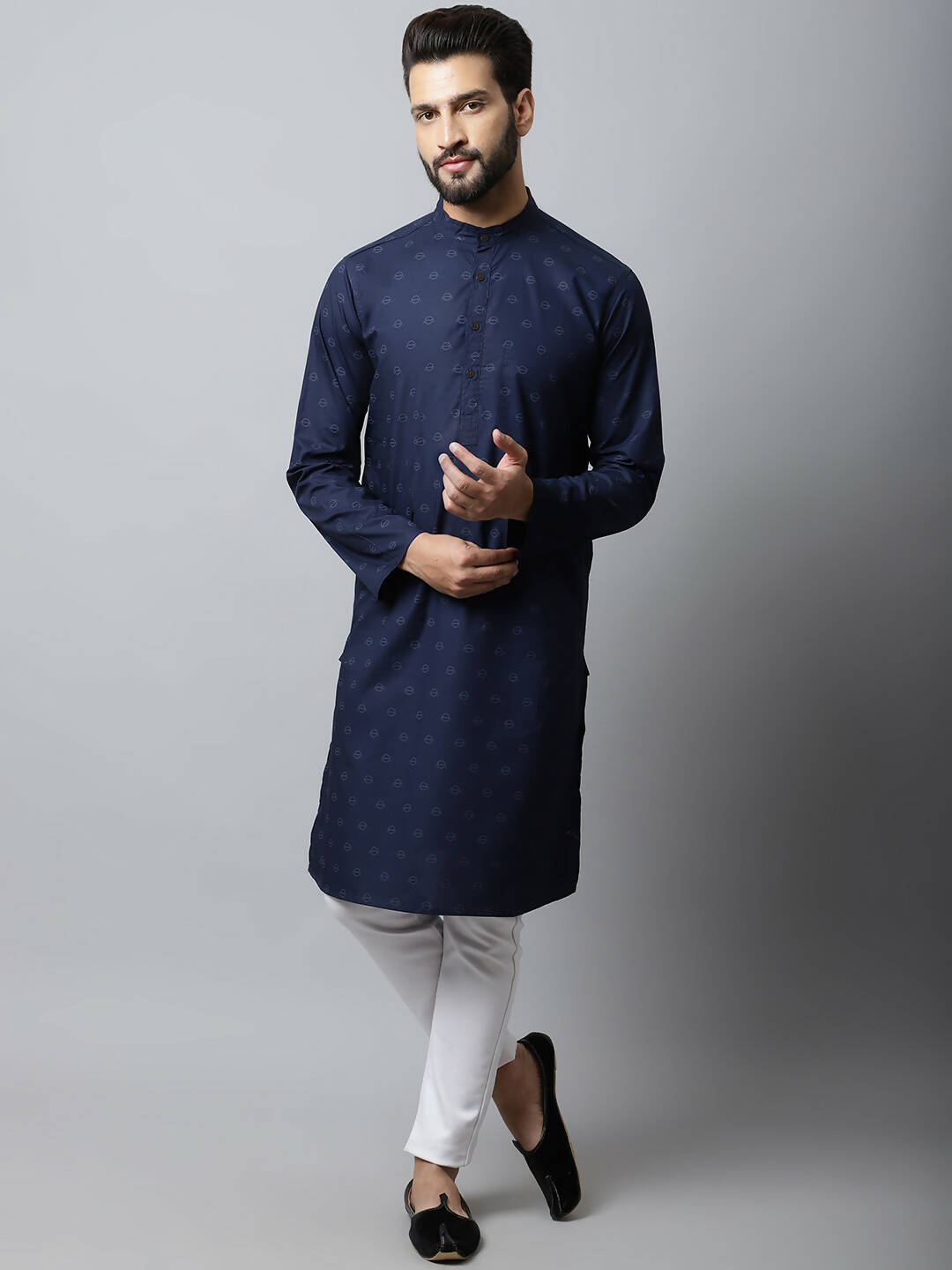 Even Apparels Navy blue Color Pure Cotton Men's Kurta With Band Collar (PRT1184-NVC) | Swadesiicart