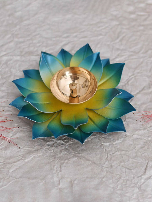 CraftVatika Blue Lotus Hand Painted Diya Metal | Swadesiicart