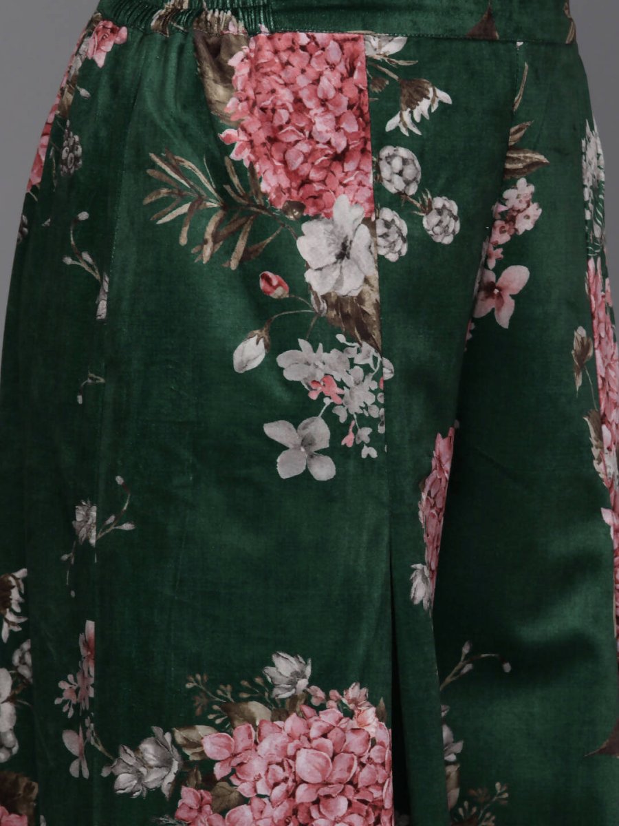Ahalyaa Women Floral Printed Velvet Tunic with Palazzos - Green Color | Swadesiicart