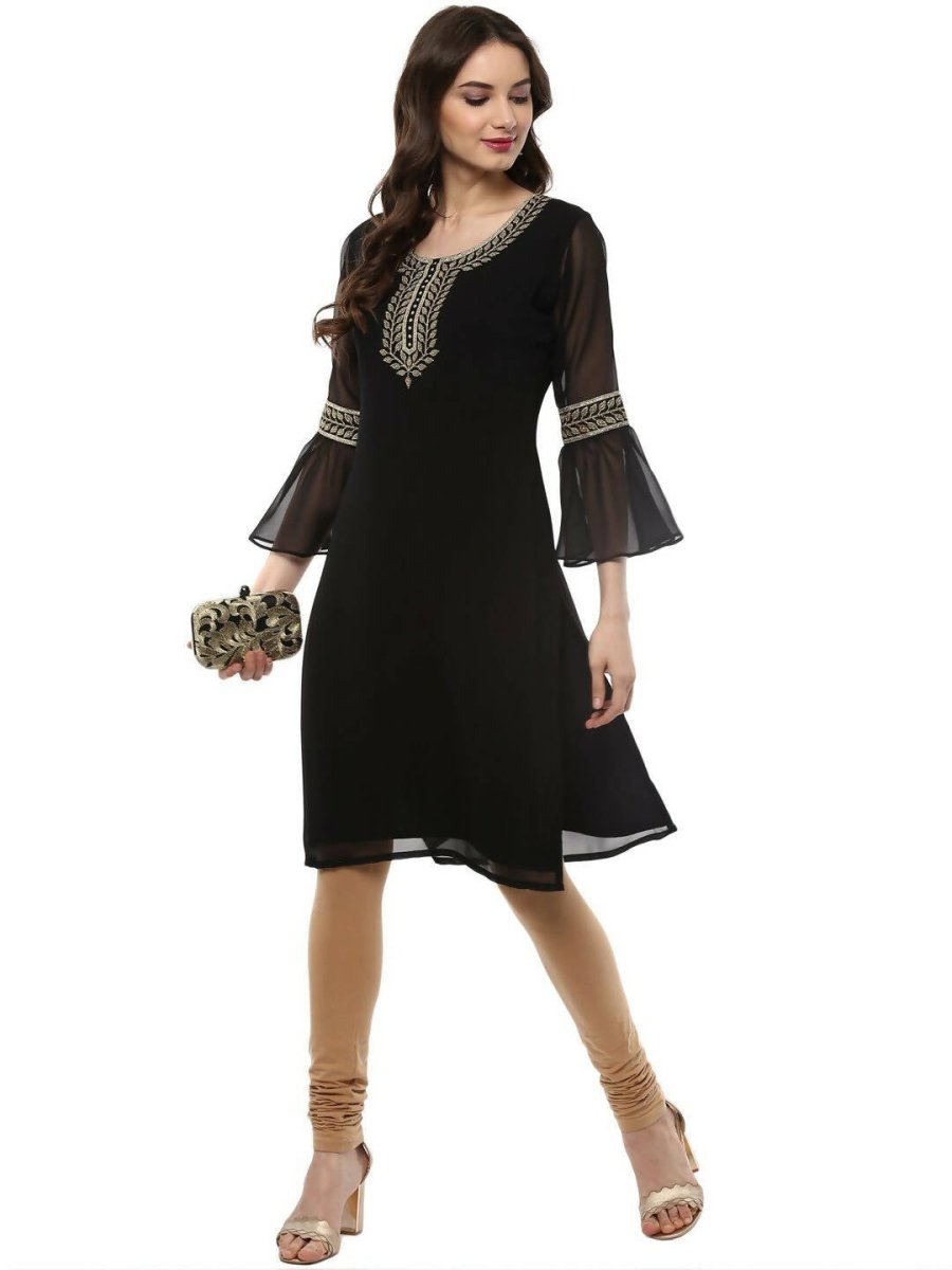 Ahalyaa Women's Black Georgette Glitter Print Kurta | Swadesiicart