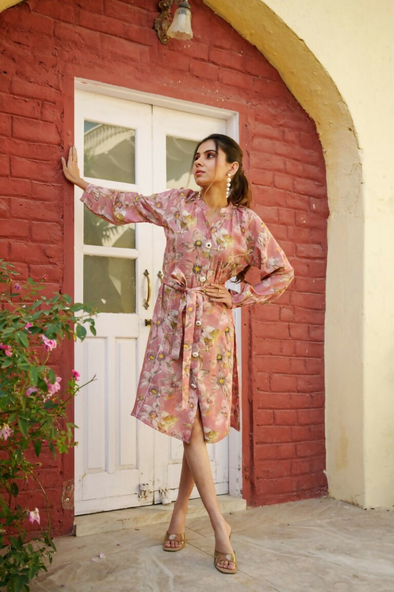 Vaasva Women Pink Muslin Floral Printed Knee Length Dress | Swadesiicart