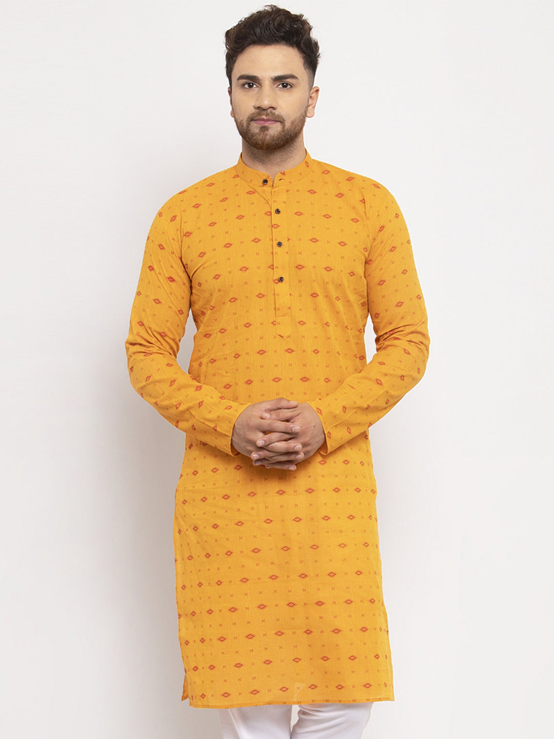 Jompers Men Yellow & White Cotton Printed Kurta Only | Swadesiicart