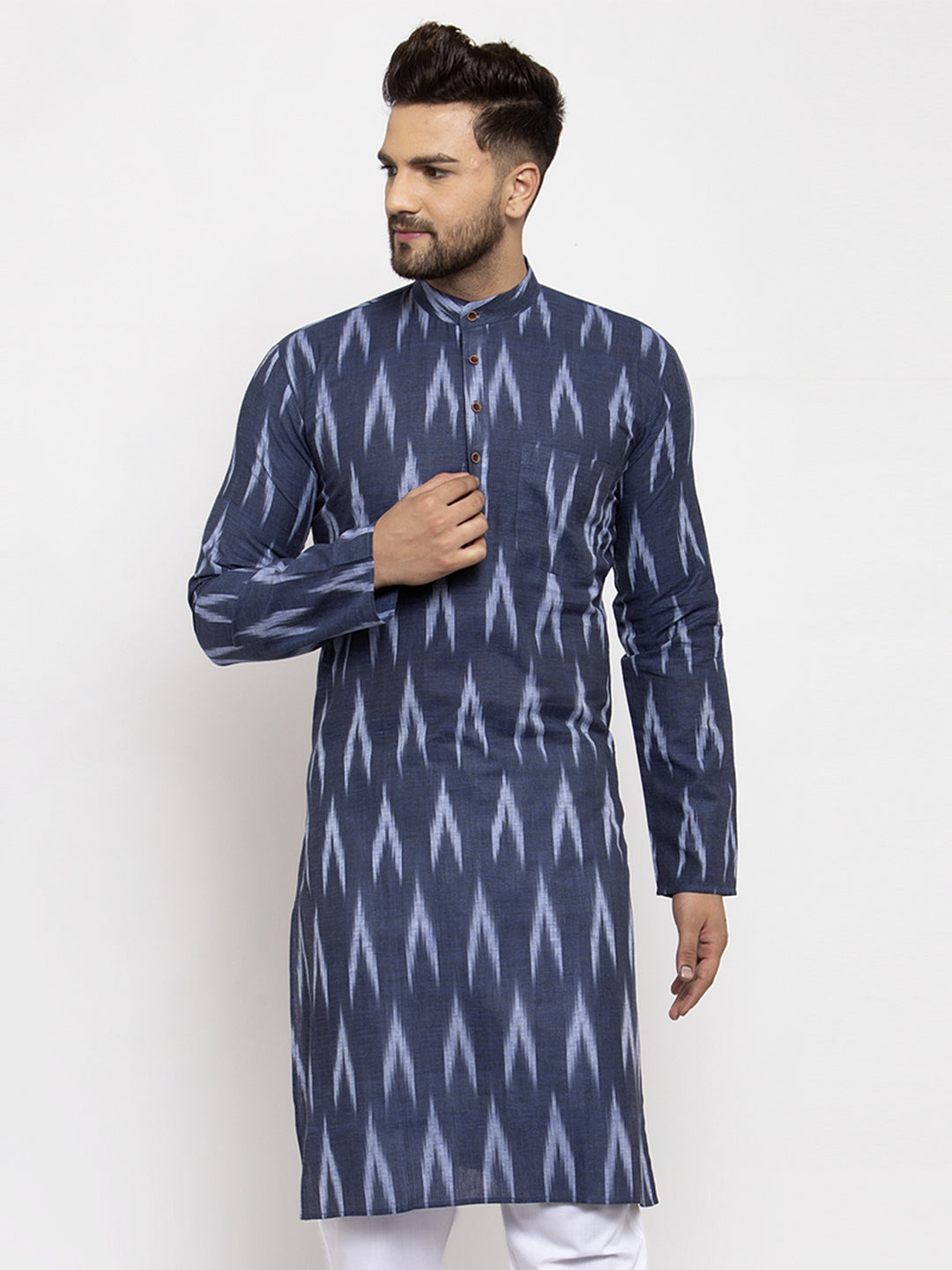 Jompers Men Blue Woven Design Ikkat Straight Kurta Only | Swadesiicart
