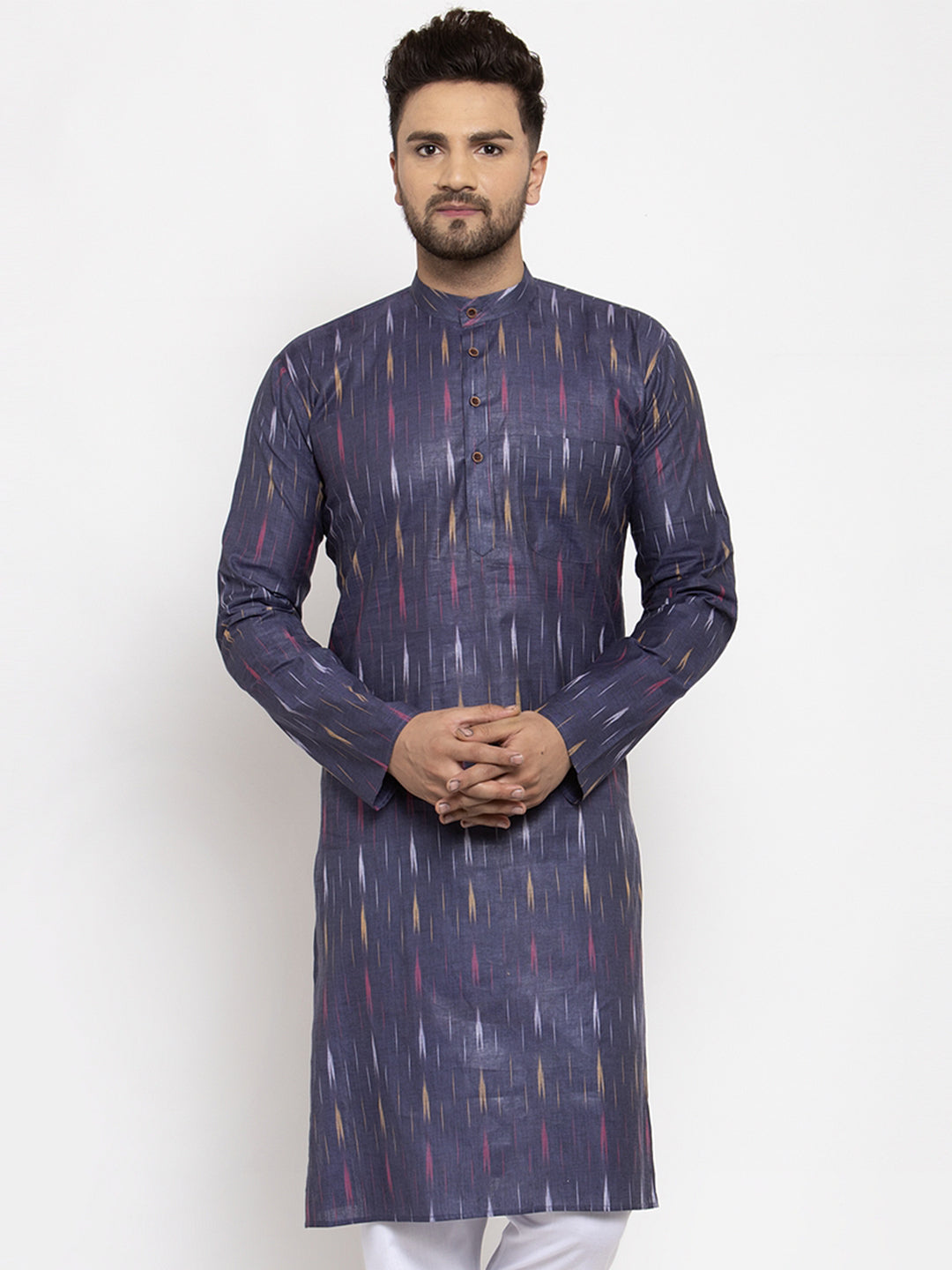 Jompers Men Navy Blue Woven Design Ikkat Straight Kurta Only | Swadesiicart
