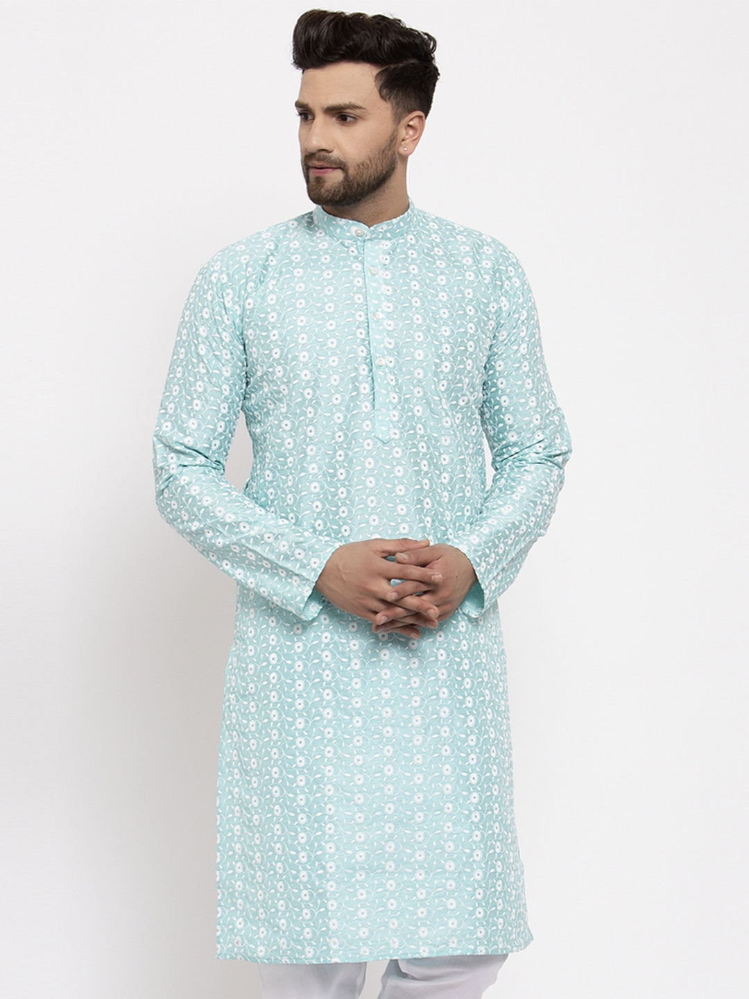 Jompers Men Turquoise Blue Embroidered Kurta Only | Swadesiicart