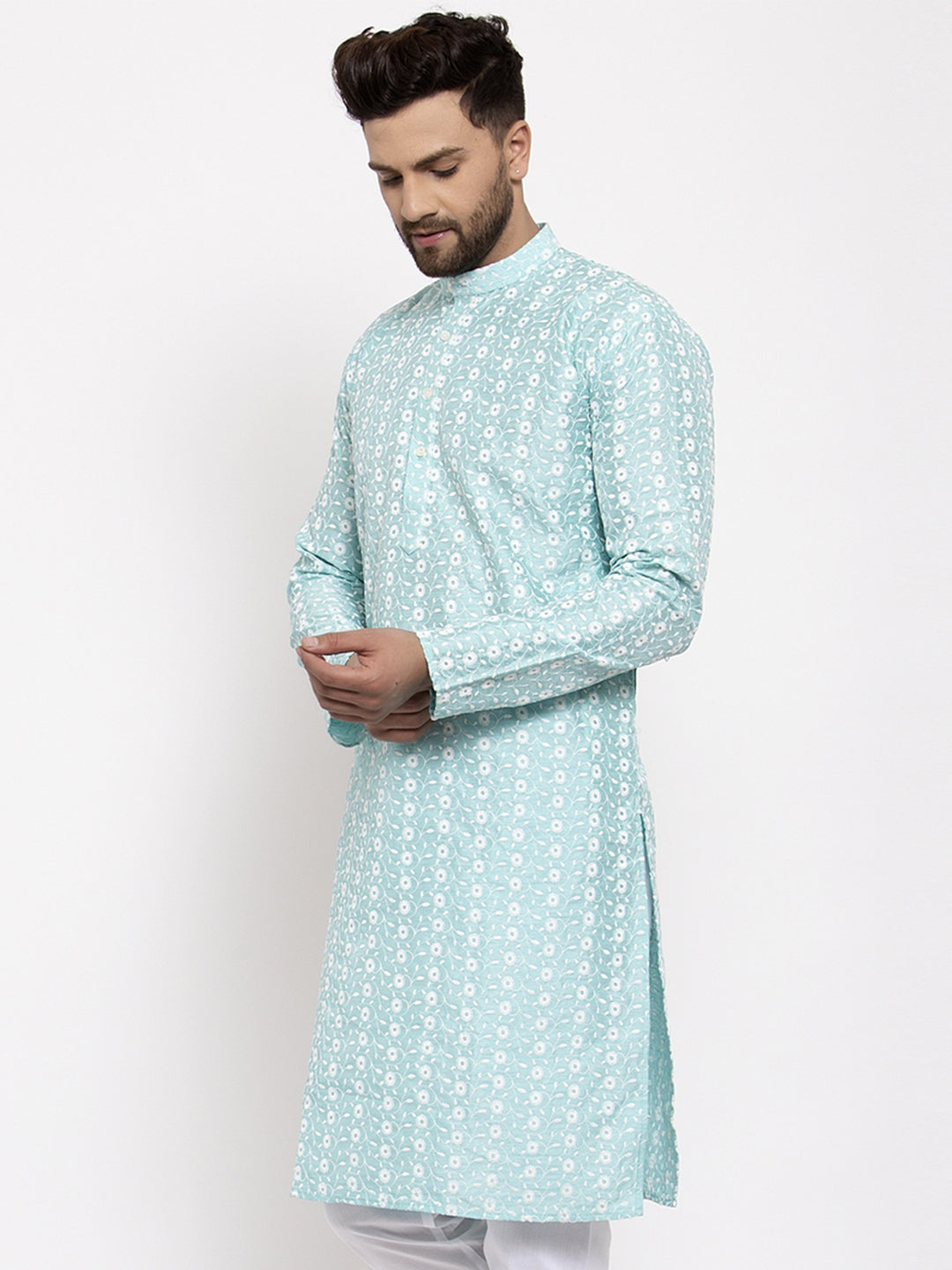 Jompers Men Turquoise Blue Embroidered Kurta Only | Swadesiicart