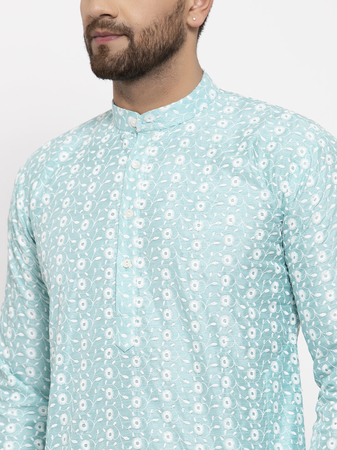 Jompers Men Turquoise Blue Embroidered Kurta Only | Swadesiicart
