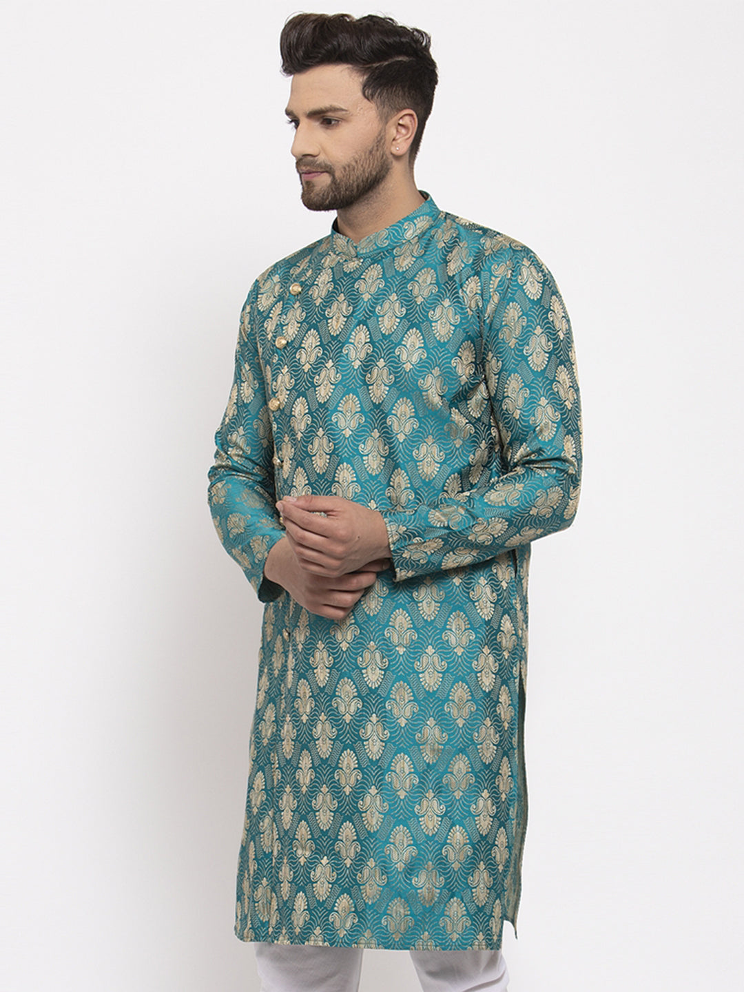 Jompers Men Green Jacquard Kurta Only | Swadesiicart