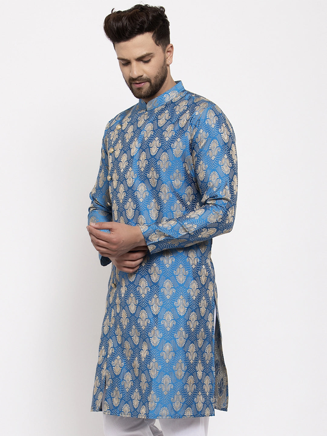 Jompers Men Blue Jacquard Kurta Only | Swadesiicart