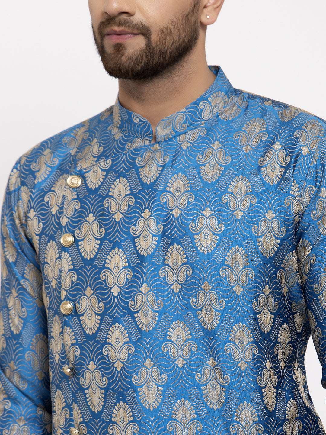 Jompers Men Blue Jacquard Kurta Only | Swadesiicart