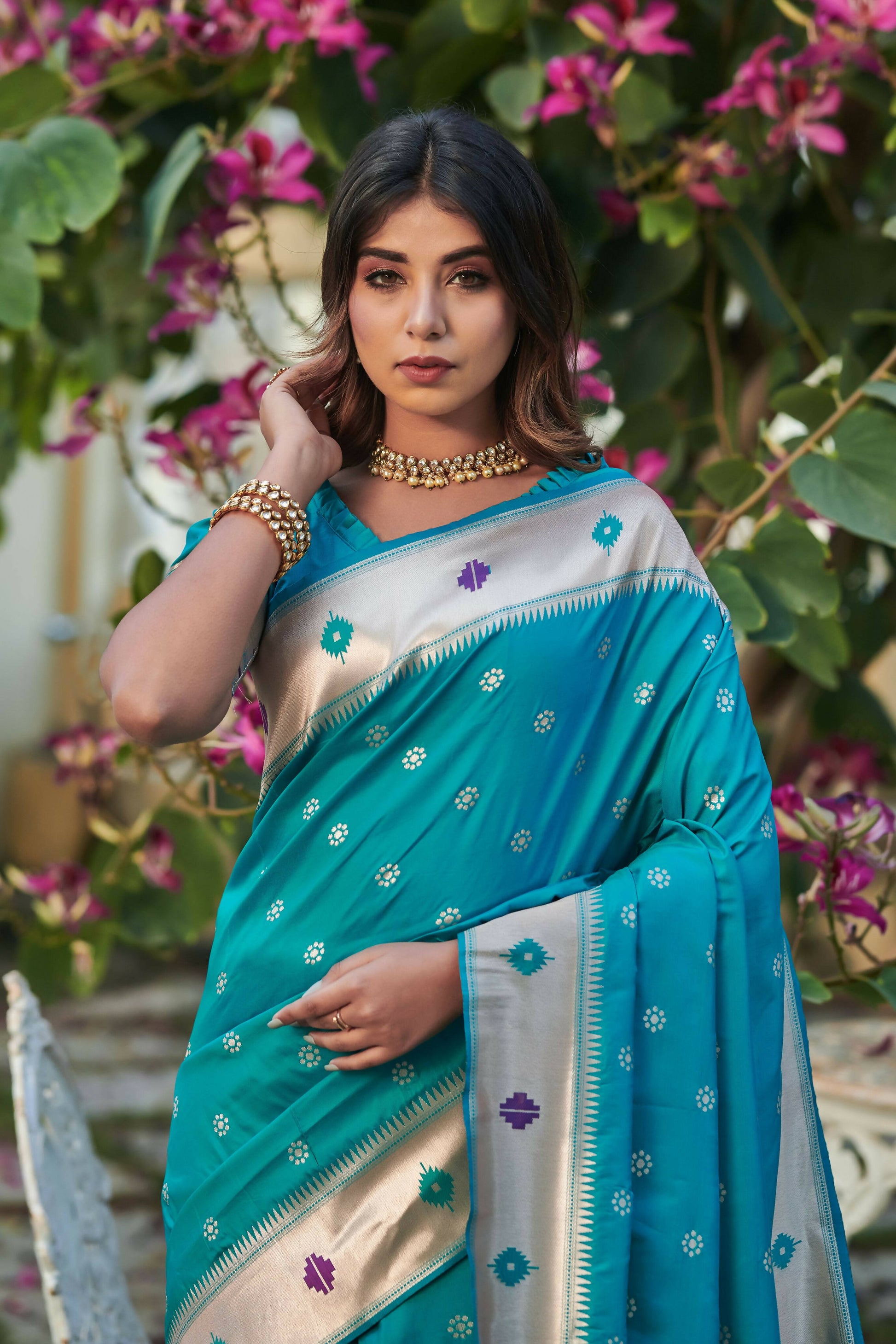 Vishnu Weaves Women's Firozi Banarasi Silk Zari Woven Paithani Saree with Unstitched Blouse - Swadesiicart