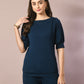 Myshka Women's Blue Solid Boat Neck Party Top With Trousers Co-ord set - Swadesiicart